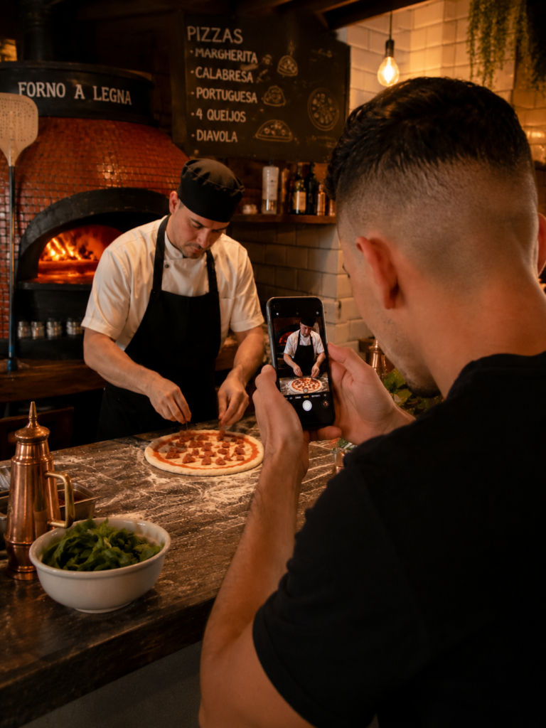 foto para instagram de uma pizza sendo preparada